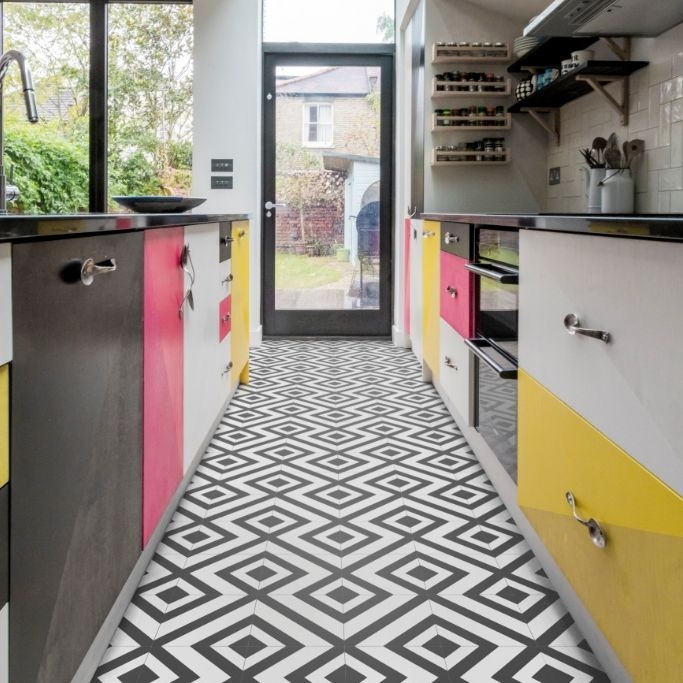 a kitchen with a large window